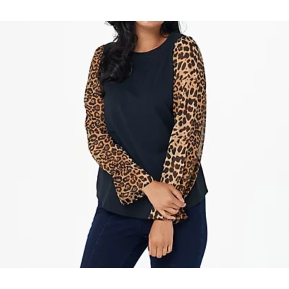 Belle by Kim Gravel Knit Top w Leopard Sleeves Black and Leopard Print Size XXS